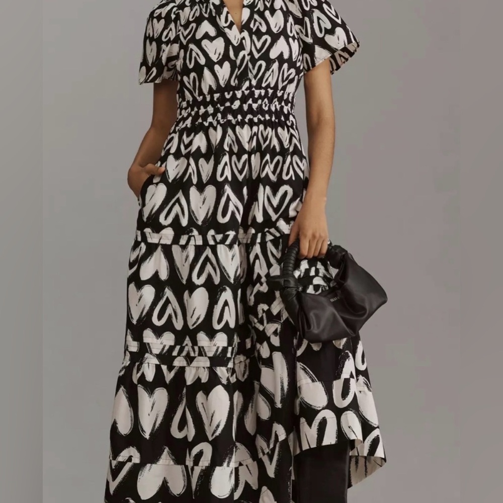 Anthropologie - Maeve Short Sleeve Black and White Heart Maxi Dress